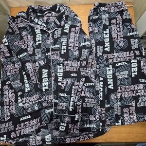 Victoria's Secret Angel Pajama Set Black Logo Print Cotton Small